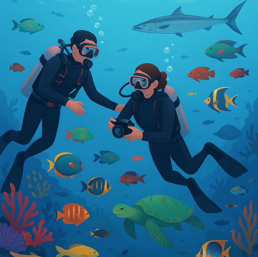 Scuba diving instructor preparing equipment for a dive session.